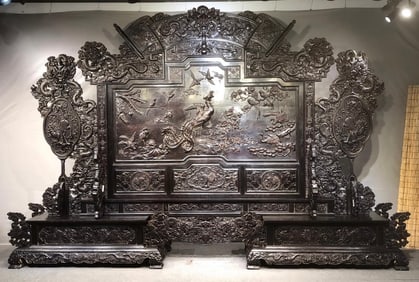 High-Relief Red Sandalwood Flower and Bird Large Screen