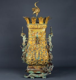 Han Dynasty Gold and Silver Inlaid Crane-Connected Square Vase