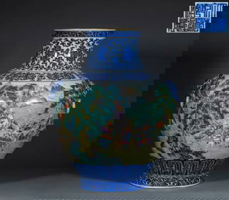 Blue-and-White Famille Rose Figure Story Double-Ear Zun (Marked "Made in the Qianlong Reign of the