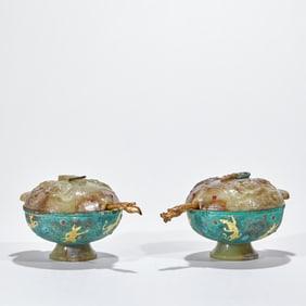 Pair of Gold and Silver Inlaid High Ancient Jade Top "Lotus and Fish" Ritual Vessels