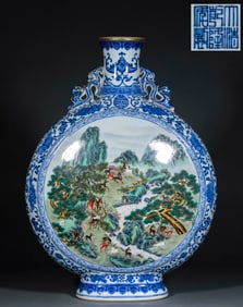 Blue-and-White Famille Rose Pine, Deer and Spring Together Moon Flask (Marked "Made in the Qianlong