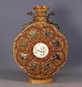 Filigree Gilt Inlaid Hetian Jade Double-Ear Vase