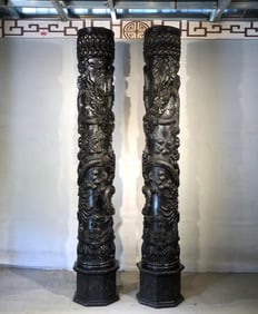 Red Sandalwood High-Relief Dragon Feng Shui Column (Pair)