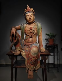 Gold Dripping Painted Wood Carved Water Moon Guanyin