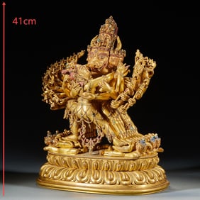 Gilt Bronze Yamantaka (Vajra Warrior) Statue Inlaid with Turquoise