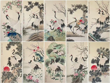 One Set of Ten "Crane for Longevity" Paintings by Soong May-ling with Box