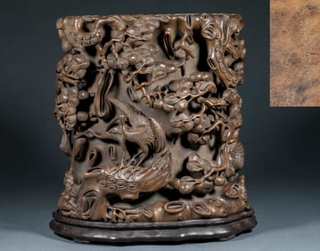 Agarwood Brush Pot "Pine Forest Celebrating Longevity", Qianlong Reign, Qing Dynasty