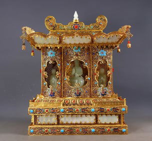 Filigree Gilt Inlaid Hetian Jade Buddhist Shrine