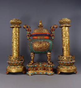 One Set of Gilt Bronze Incense Burner and Incense Tube with Eight Treasures Inlay Craft