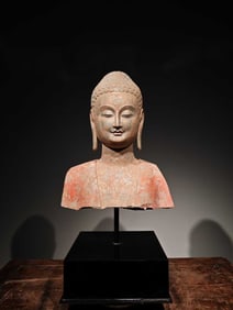 Northern Qi Period Painted Qing Stone Statue from Qingzhou