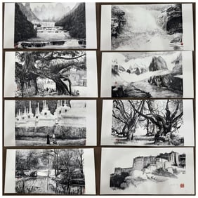 8-Leaf Steel Pen Drawings by Wu Guanzhong