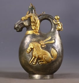Tang Dynasty Partial Gilt High-Relief Chiseled Horse Ewer