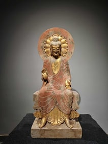 Seated Buddha Statue with Azure Stone, Gilding and Polychrome, Qingzhou, Northern Qi Dynasty