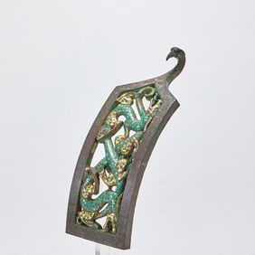 Gilt-Silver-inlaid Bronze Belt Hook with Dragon Pattern and Turquoise Inlay, Warring States to Han