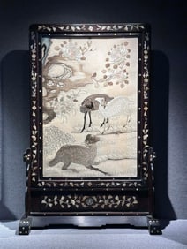 Guangdong Embroidery "Three Yangs Bring Prosperity" with Mother-of-Pearl Inlay, Late Qing to