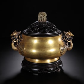 Gilt Bronze Censer with Double Phoenix Ears, Ming Dynasty