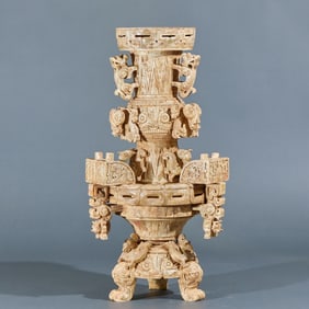 Hetian Jade Zun Vessel and Plate with Relief Dragon Patterns, Pre-Ming Dynasty