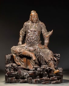 Statue of Guan Yu with Bronze Body and Rosewood Base, Qing Dynasty
