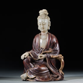 Ruyi Guanyin (Avalokitesvara) with Rosewood Body and Inlaid Shoushan Stone