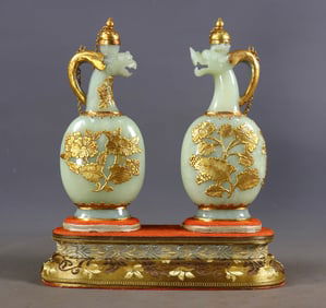 Hetian Jade ? (Pot) with Dragon and Phoenix Patterns, Covered with Silver and Gilded