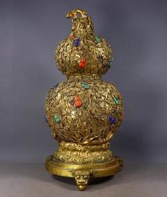 Gilt Bronze Gourd Vase Inlaid with Precious Stones