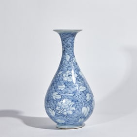 Blue-and-White Jade Pot Spring Vase with Sea Wave and Interlocking Peony Patterns, Yuan Dynasty