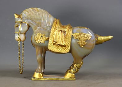 Vintage Agate Horse Ornament with Gold Inlay, from a Fine Old Collection