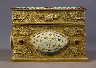 Gilt-Bronze Jewelry Box Inlaid with Hetian Jade