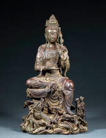 Bronze Statue of Guanyin (Avalokitesvara) Riding a Dragon, Pre-Ming Dynasty