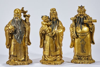 Gilt-Bronze Statue of Fu, Lu, Shou (Gods of Fortune, Prosperity, Longevity)