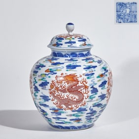 A doucai cloud and dragon pattern covered jar from the Qing Dynasty