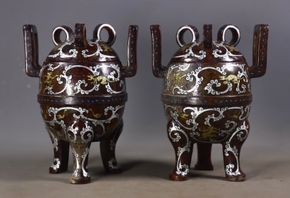 A Pair of Jade and Silver Inlaid and Painted Double-Eared Tripods