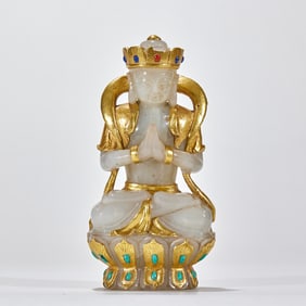 Hetian Jade Buddha Statue Encased in Pure Gold