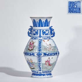 A Qing Dynasty Qianlong blue and white and pink enamel double-ear bottle with the Eight Immortals