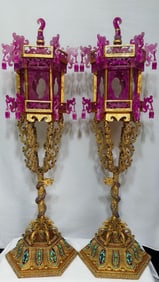A pair of high-quality ice-pure violet jadeite with gold inlay and carving of Double Dragons