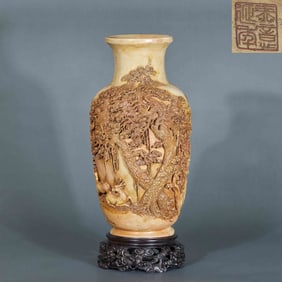 Shoushan stone "Spring with Deer and Crane" appreciation vase