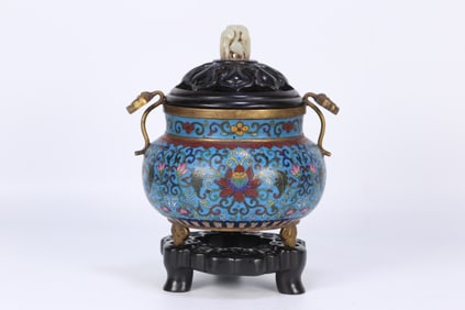 Qing Qianlong period, purple sand with jade handle and cloisonné enamel incense burner with
