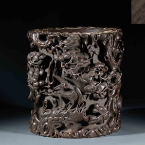 Qing Dynasty, Agarwood, Pen Holder with the Motif of Cranes and Pines for Longevity