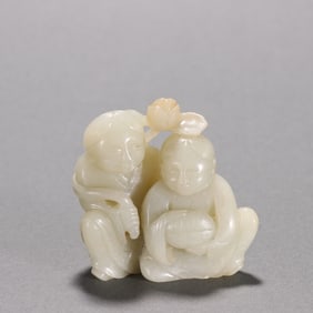 Qing Dynasty, Hetian Jade Seed Material, Statue of the Two Immortals He and He