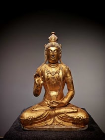 Tang Dynasty Green Stone Gilt Whole-Carved Seated Bodhisattva Statue from Tianlongshan