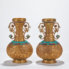 A pair of gilded copper and inlaid dragon and phoenix patterned appreciation vases