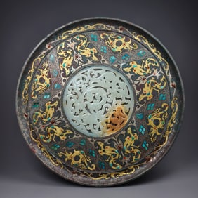 Bronze Mirror Inlaid with Jade and Decorated with Silver-Gold Inlays, Warring States to Han Dynasty