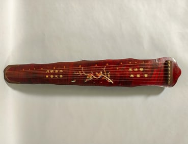 Guqin (Chinese Zither) with Lacquered Wood Body, Inlaid "Magpies on Plum Branches" Motif and Poetic