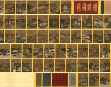 Long Scroll of "Farming and Weaving Pictures" (on Silk) by Chen Mei, Collected and Mounted by the