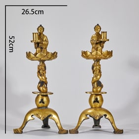 A Pair of Candlesticks with Coiled Dragons and Noble Figure Motifs, Liao Dynasty