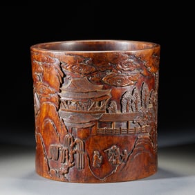Huanghuali Wood Brush Pot with Landscape, Pavilion, Human Figures and Poetic Inscriptions