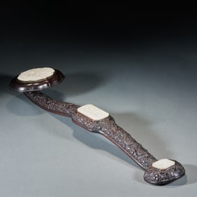 Zitan Wood Ruyi Scepter Inlaid with Jade and Decorated with Dragon Patterns
