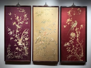 A Set of Three Cantonese Embroidery Screens with Flower and Bird Motifs