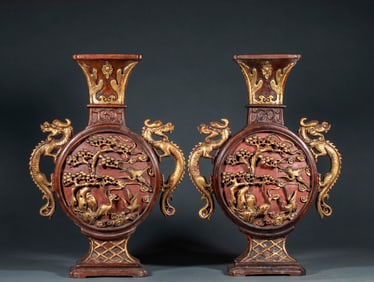 A Pair of Agarwood Vases with Dragon Ears and High-Relief "Deer and Crane for Eternal Spring" Motif