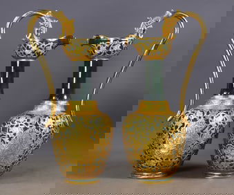 A Pair of Hetian Green Jade Vases with Gold Covering and Dragon-Mouth Design